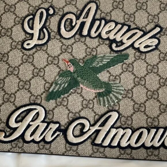 GUCCI Monogram “L'Aveugle Par Amour” Clutch with Green Bird appliqué LIKE NEW - Picture 2 of 4